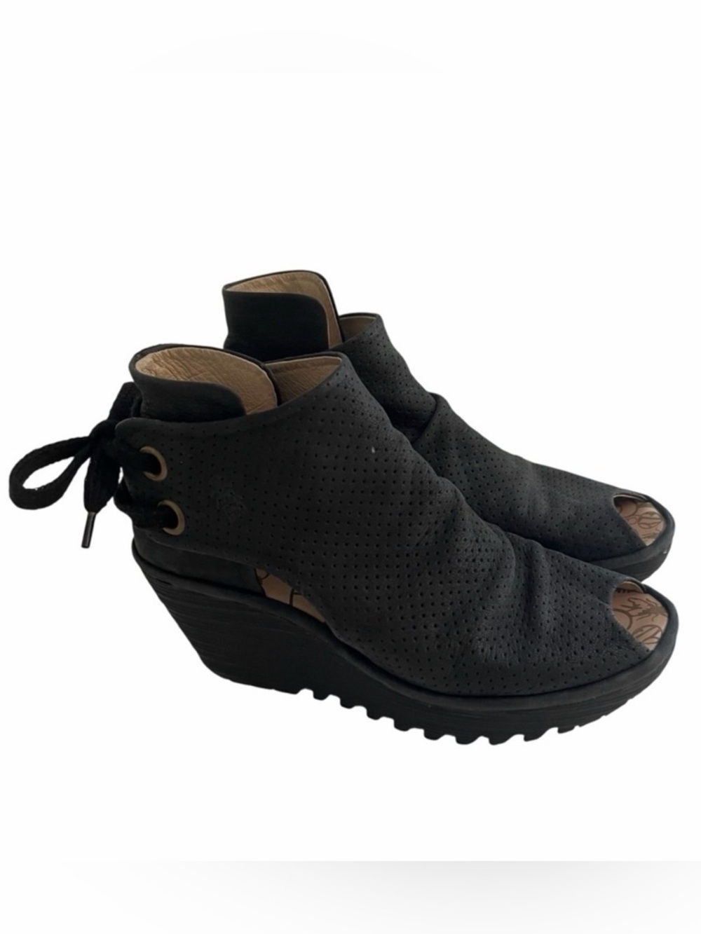 Fly London "Ypul" Black Perforated Suede Peep Toe Back Lace Wedge Sandals 37